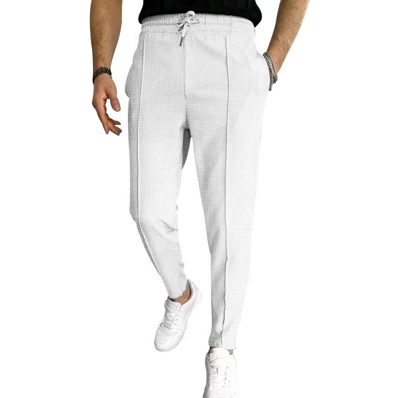 mens-solid-waffle-elastic-waist-slim-casual-trousers-33746822z