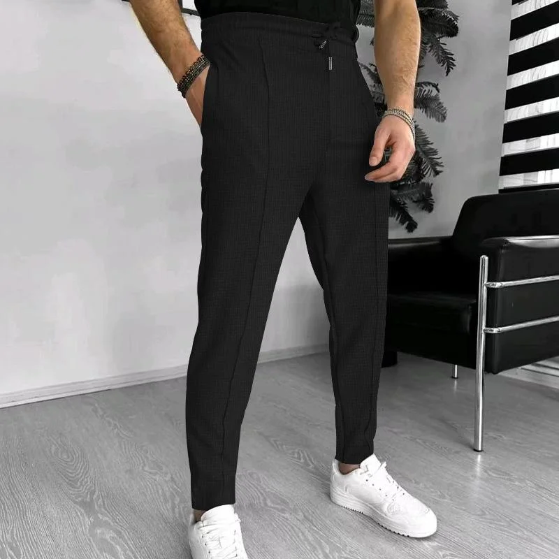 mens-solid-waffle-elastic-waist-slim-casual-trousers-33746822z