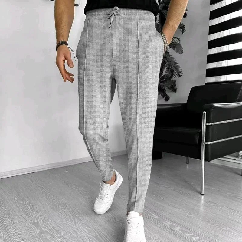 mens-solid-waffle-elastic-waist-slim-casual-trousers-33746822z