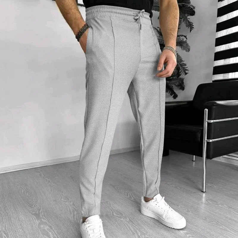 mens-solid-waffle-elastic-waist-slim-casual-trousers-33746822z