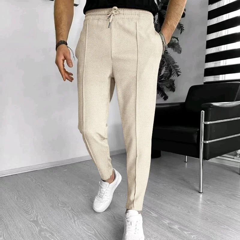 mens-solid-waffle-elastic-waist-slim-casual-trousers-33746822z