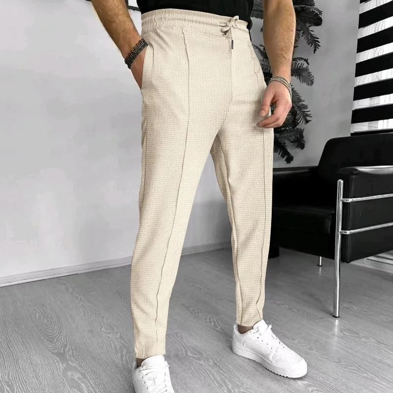 mens-solid-waffle-elastic-waist-slim-casual-trousers-33746822z