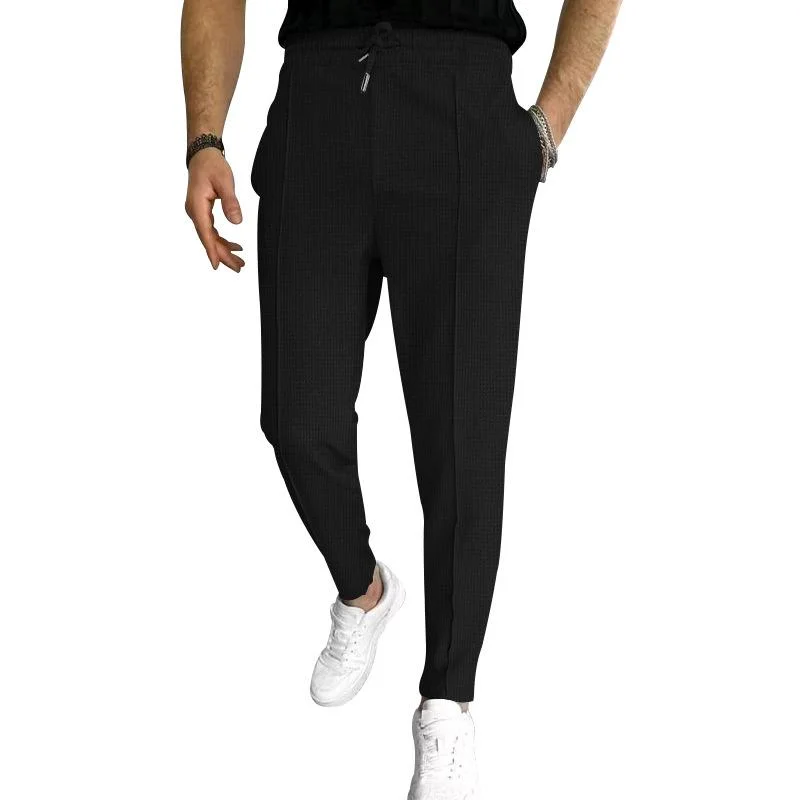 mens-solid-waffle-elastic-waist-slim-casual-trousers-33746822z