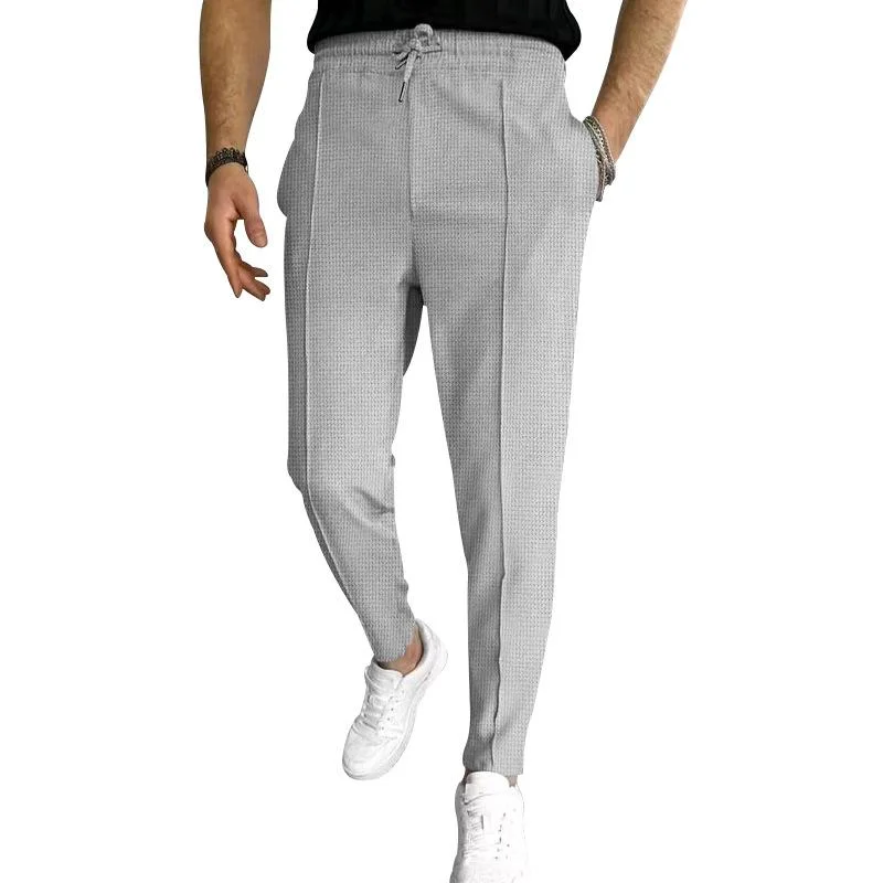 mens-solid-waffle-elastic-waist-slim-casual-trousers-33746822z