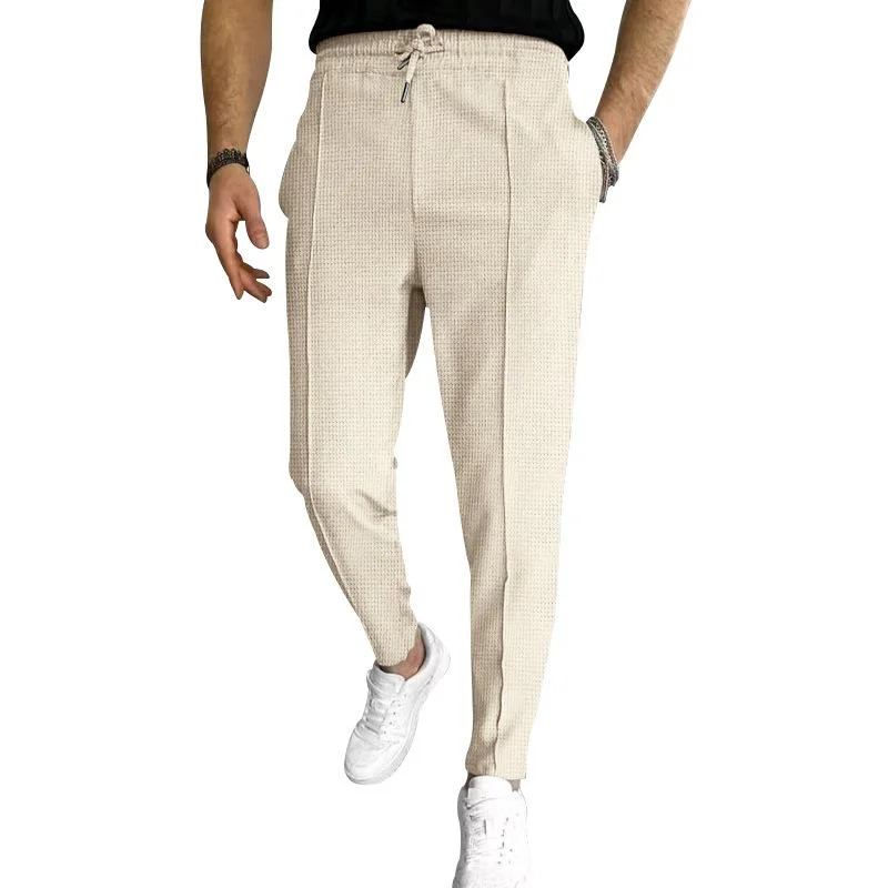 mens-solid-waffle-elastic-waist-slim-casual-trousers-33746822z