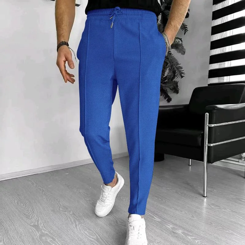 mens-solid-waffle-elastic-waist-slim-casual-trousers-33746822z