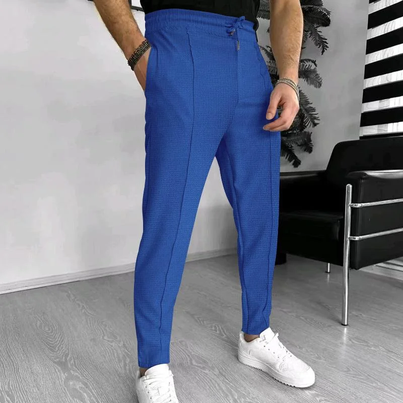 mens-solid-waffle-elastic-waist-slim-casual-trousers-33746822z