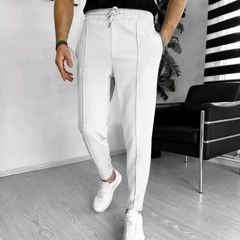 mens-solid-waffle-elastic-waist-slim-casual-trousers-33746822z