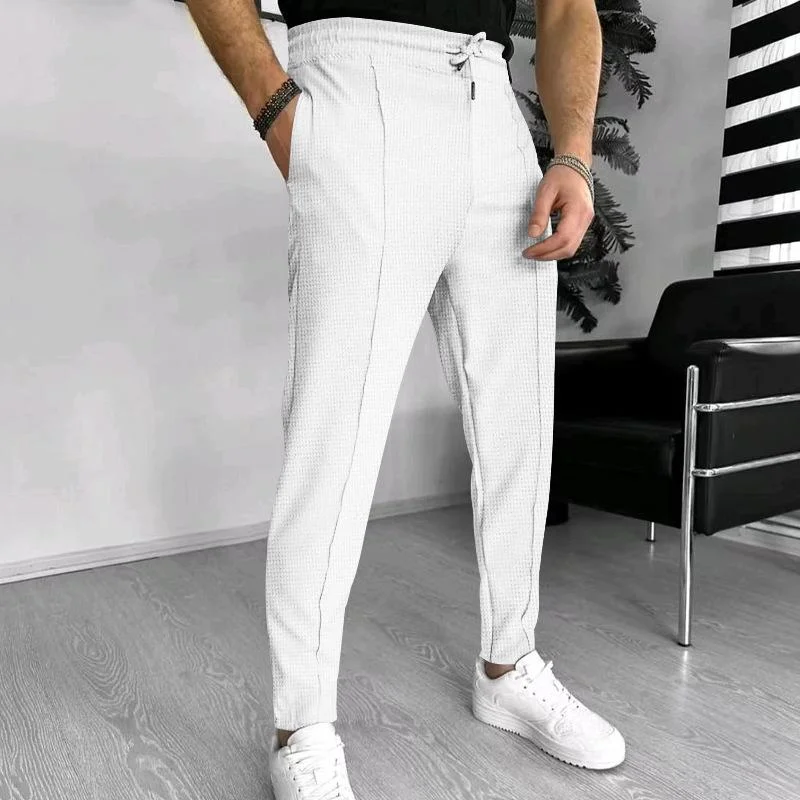 mens-solid-waffle-elastic-waist-slim-casual-trousers-33746822z