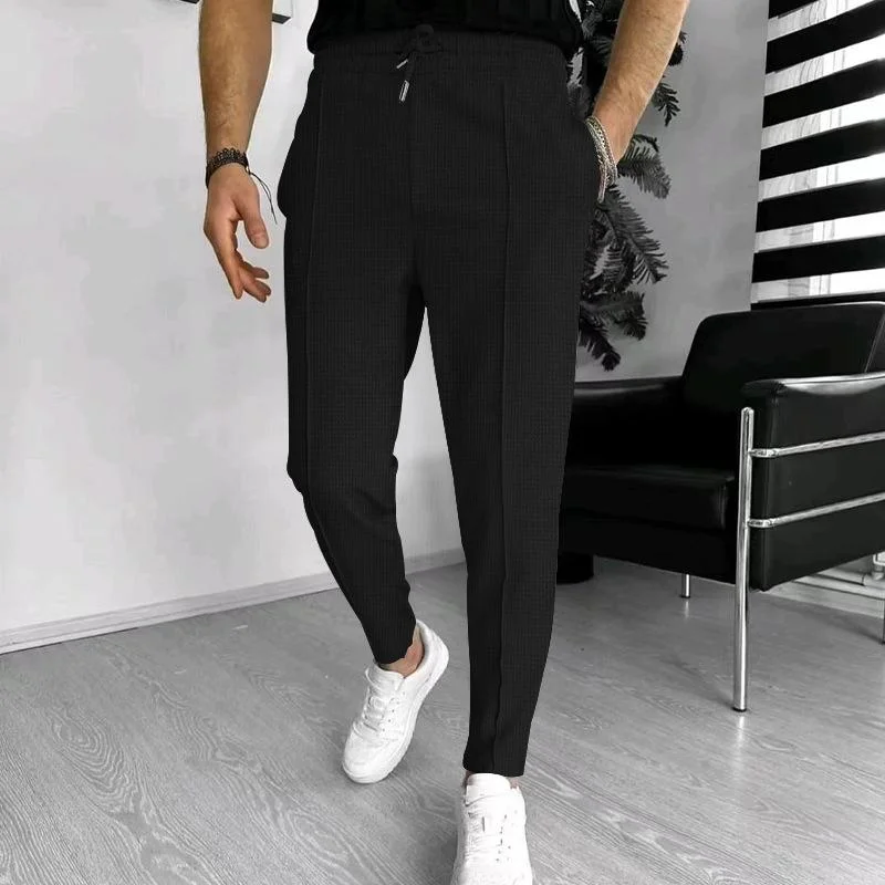 mens-solid-waffle-elastic-waist-slim-casual-trousers-33746822z