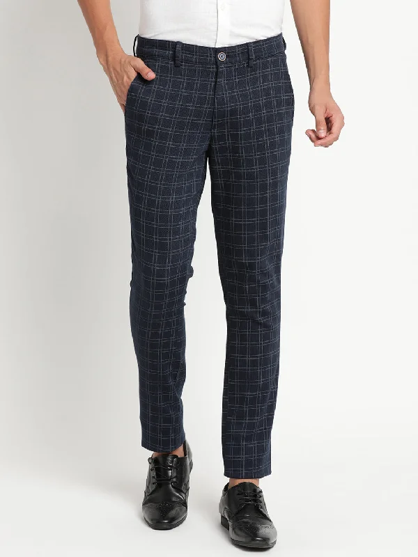 Turtle Men Navy Blue Narrow Fit Checked Casual Trousers