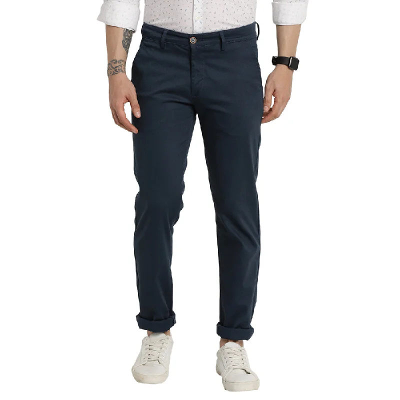 Turtle Men Navy Blue Ultra Slim Fit Self Design Casual Trousers