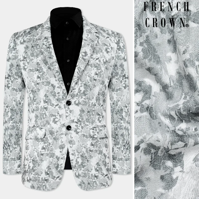 Bright White and Nobel Gray Printed Premium Cotton Single-breasted Blazer