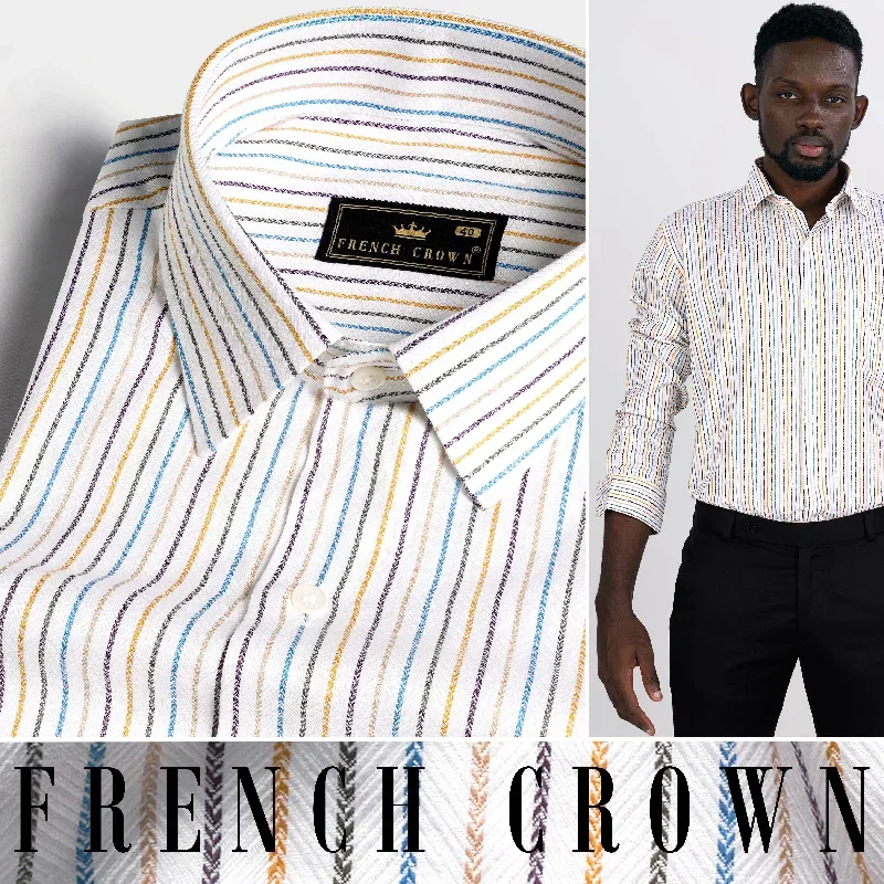 Bright White with Salmon Brown Multicolour Striped Dobby Textured Premium Giza Cotton Shirt