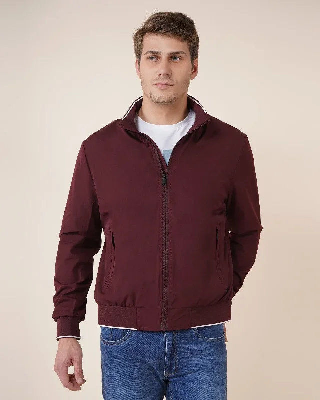 Bomber Wine Solid Zipper Jacket - Brinus