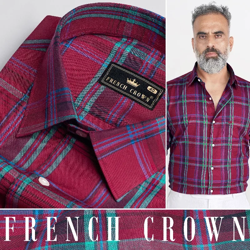 Carmine Red with Tiffany Green Twill Plaid Premium Cotton Shirt