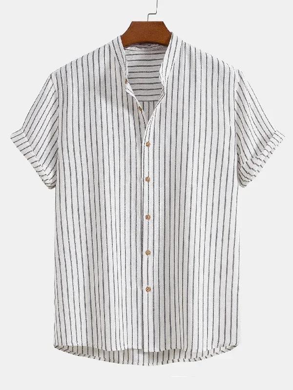 Cotton Blend Striped Stand Collar Shirt