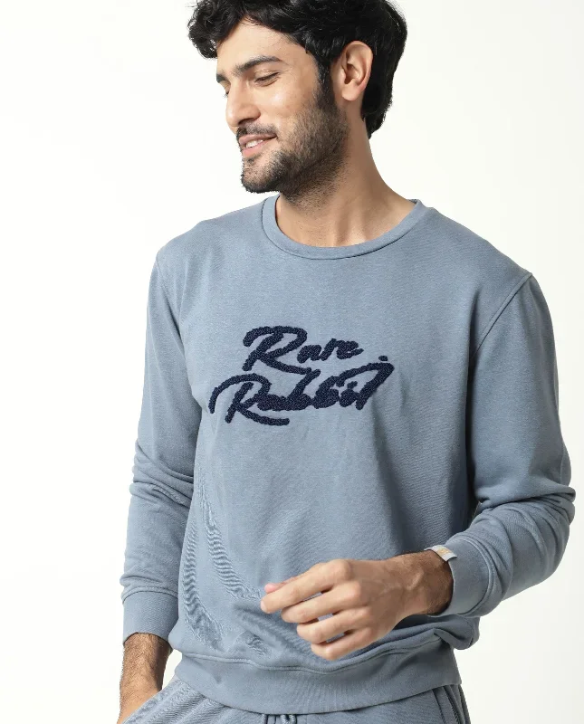 Rare Rabbit Mens Fern Light Blue Cotton Polyester Fabric Crew Neck Full Sleeves Slim Fit Sweatshirt