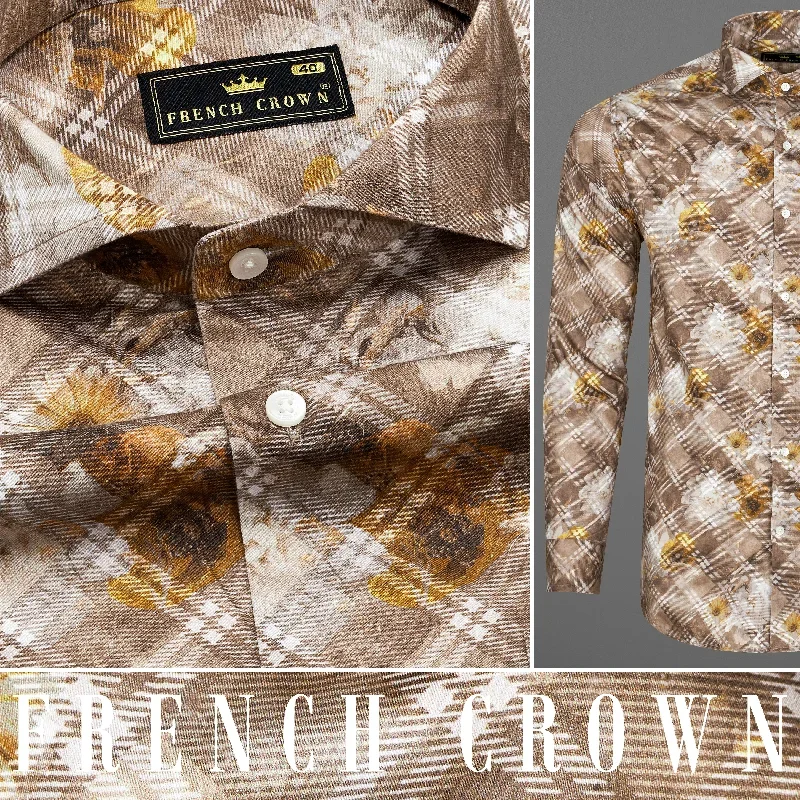 Ferra with Dull Brown Diagonally Checkered with Floral Printed Super Soft Premium Cotton Shirt