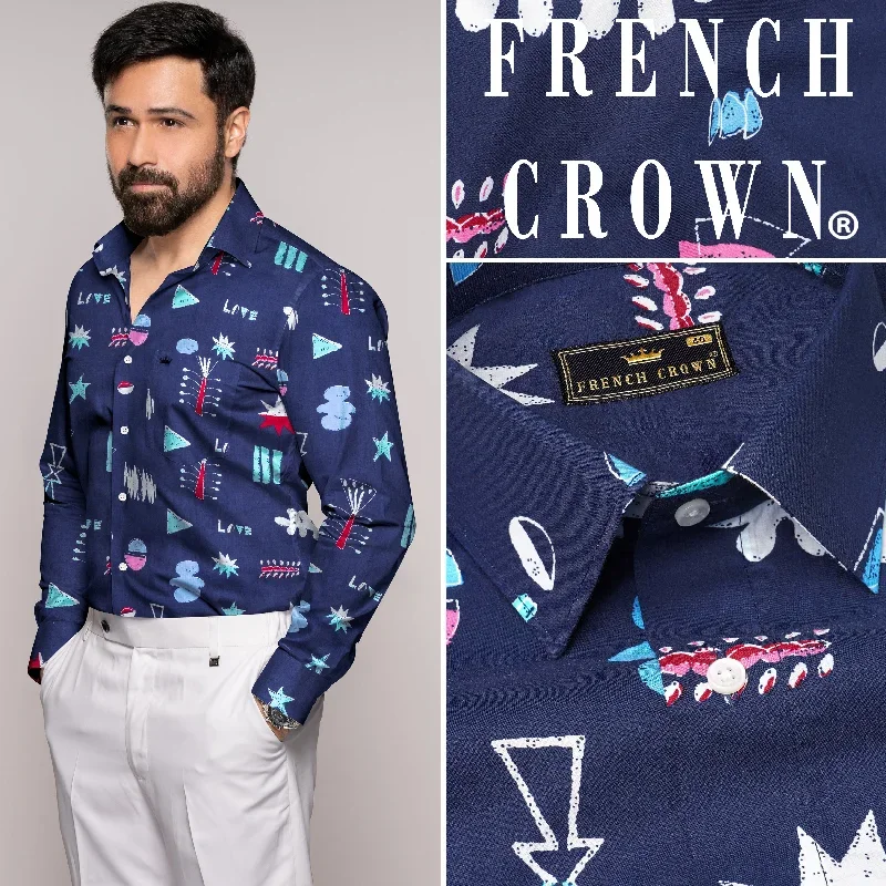 Fiord Blue with Multicolor Printed Premium Cotton Shirt