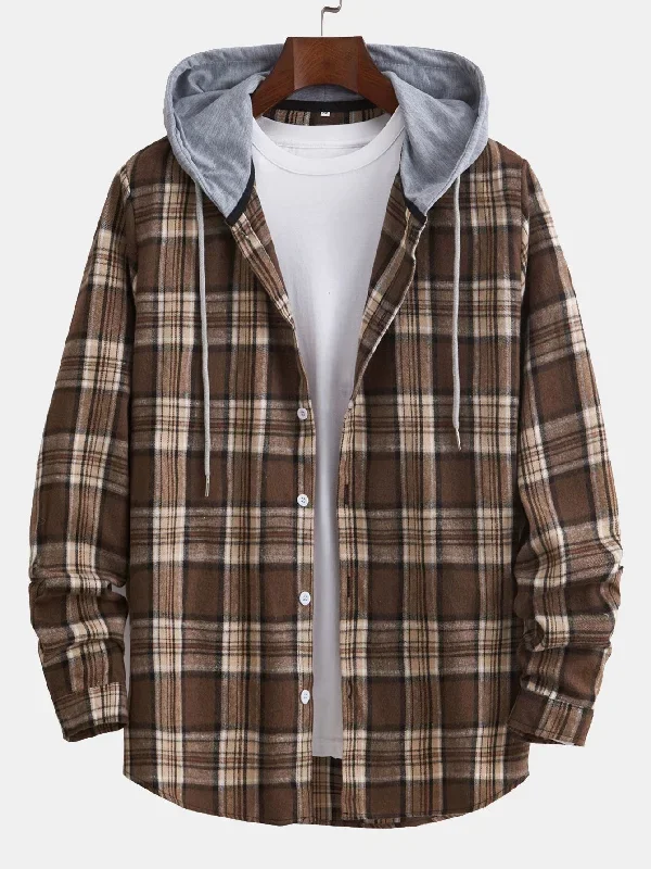 Hooded Button Up Plaid Shirt