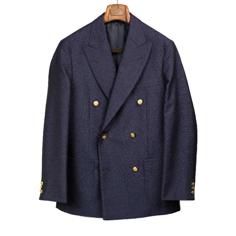 Double breasted blazer in navy wool and mohair hopsack