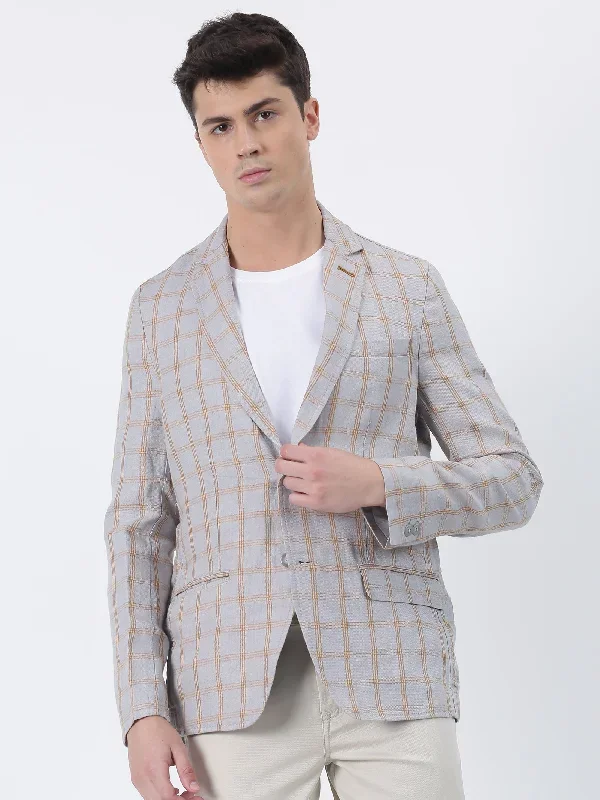 Light Grey Checked Linen Casual Blazer