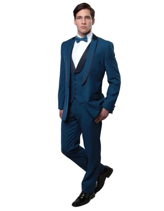 Mens Vested 1 Button Navy Wool Trim Peak Tuxedo