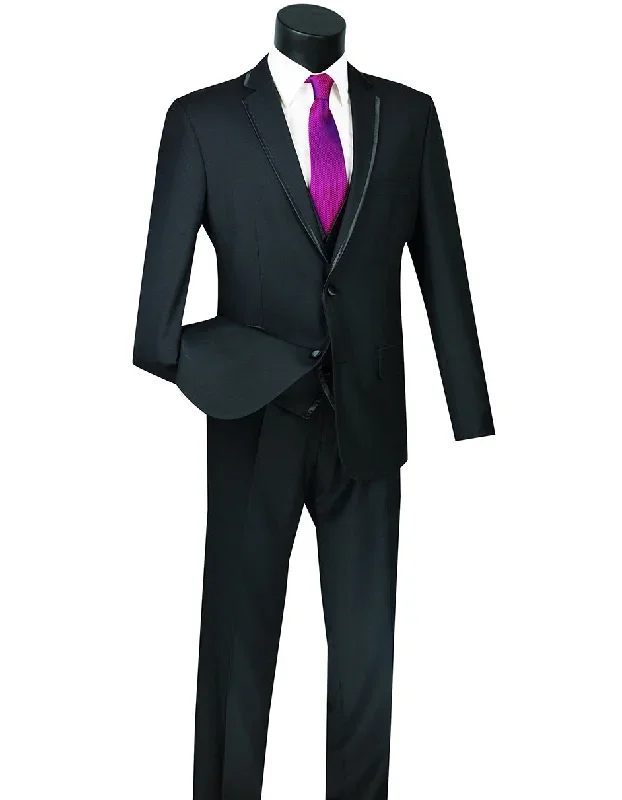 Mens 3pc Vested Slim Fit 2 Button Tuxedo in Black with Satin Trim