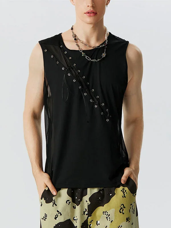 Mens Lace Up Mesh Patchwork Sleeveless Vest SKUK07276