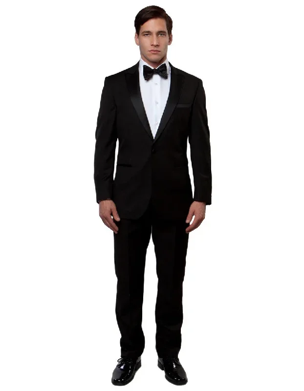 Mens Modern Fit 1 Button Peak Wool Tuxedo in Black