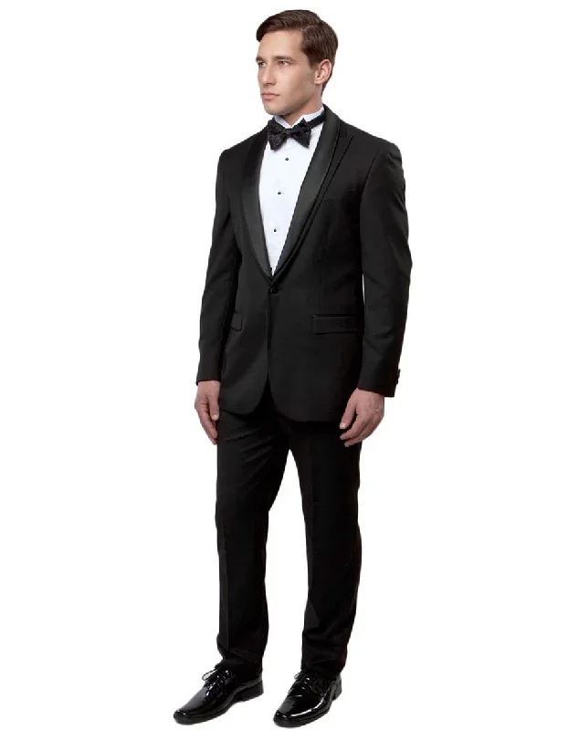 Mens Modern Fit 1 Button Shawl Peak Wool Tuxedo in Black