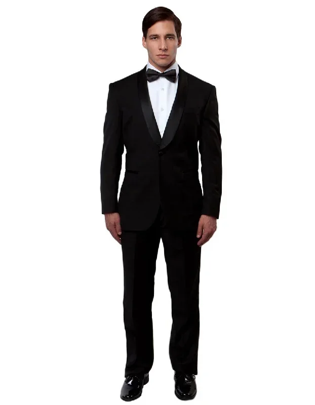 Mens Modern Fit 1 Button Shawl Wool Tuxedo in Black