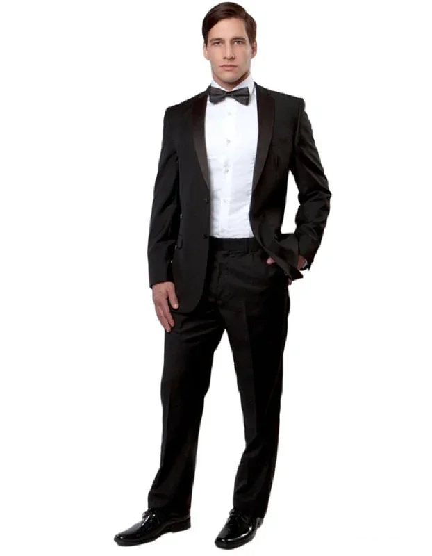 Mens Modern Fit 2 Button Notch Wool Tuxedo in Black