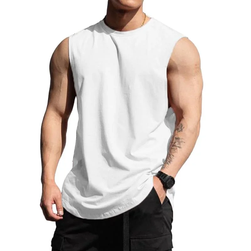 Men's Solid Cotton Round Neck Sleeveless Sports Fitness Tank Top 13834946Z