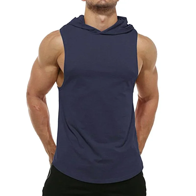 Men's Solid Hooded Sleeveless Curved Hem Sports Tank Top 32545264Z