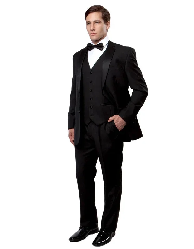 Mens Vested Modern Fit 2 Button Notch Wool Tuxedo in Black