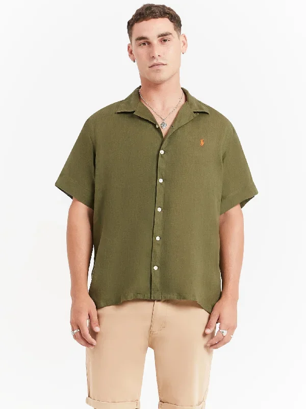 Piece Dye Linen Short Sleeve Shirt in Dark Sage Green