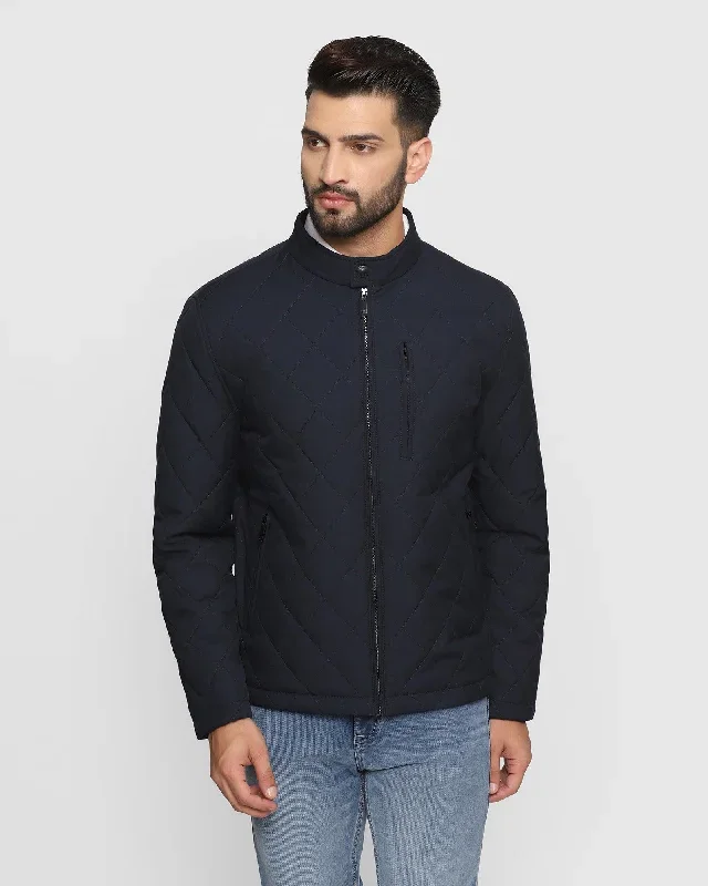 Mandarin Collar Midnight Blue Solid Zipper Jacket - Hiver