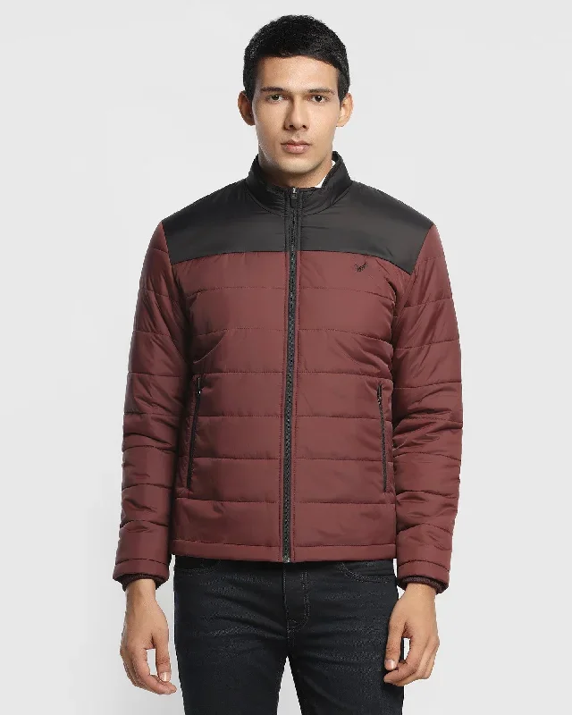 Quilted Wine Solid Zipper Jacket - Steiner