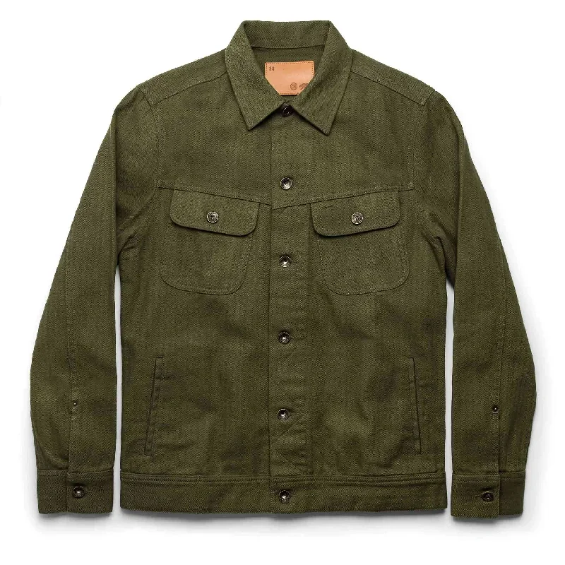 The Long Haul Jacket in Washed Olive Herringbone