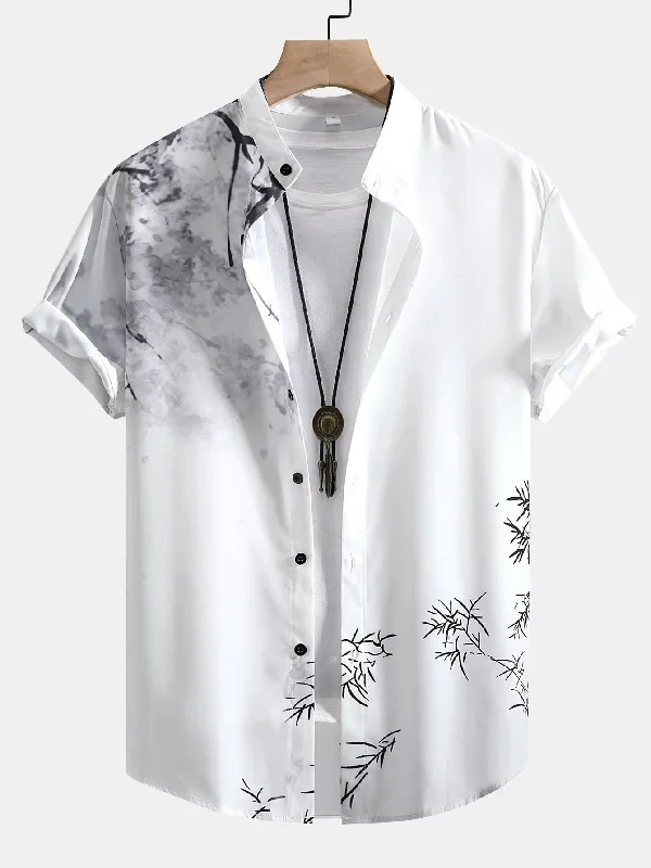 Traditional Oriental Ink Painting Print Stand Collar Shirt